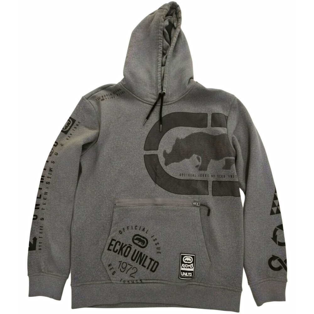 Ecko Unltd Mens Large Gray Hoodie Rhino Graphic Y2K Hip Hop Zipper Pocket